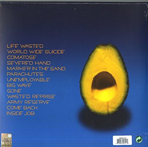 The reverse of the Pearl Jam - Pearl Jam artwork, listing the tracks alongside an avocado half with the stone removed, all on a blue background.